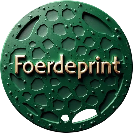 Foerdeprint Logo: grüne Scheibe mit Wabenmuster und goldenem Schriftzug